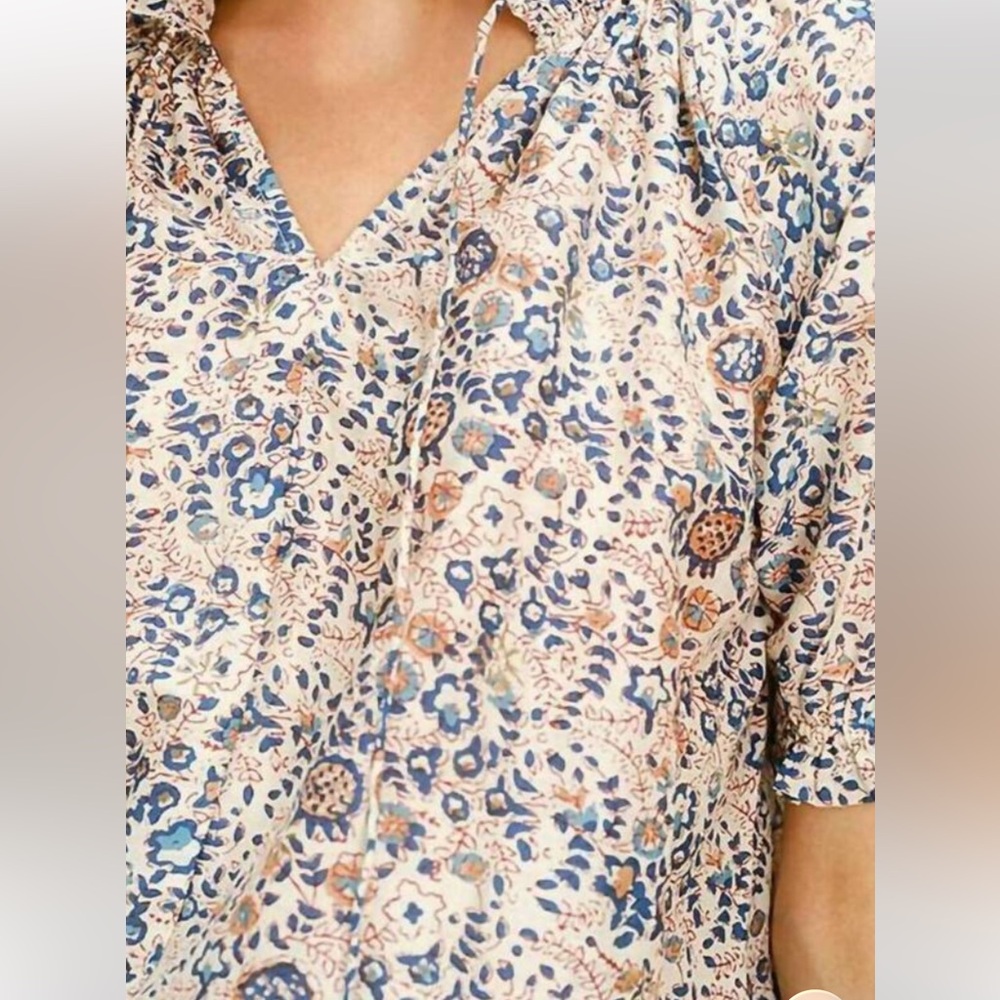 M.A.B .E apparel Boho Floral V-Neck Peasant Blouse in Cream, Navy & salmon